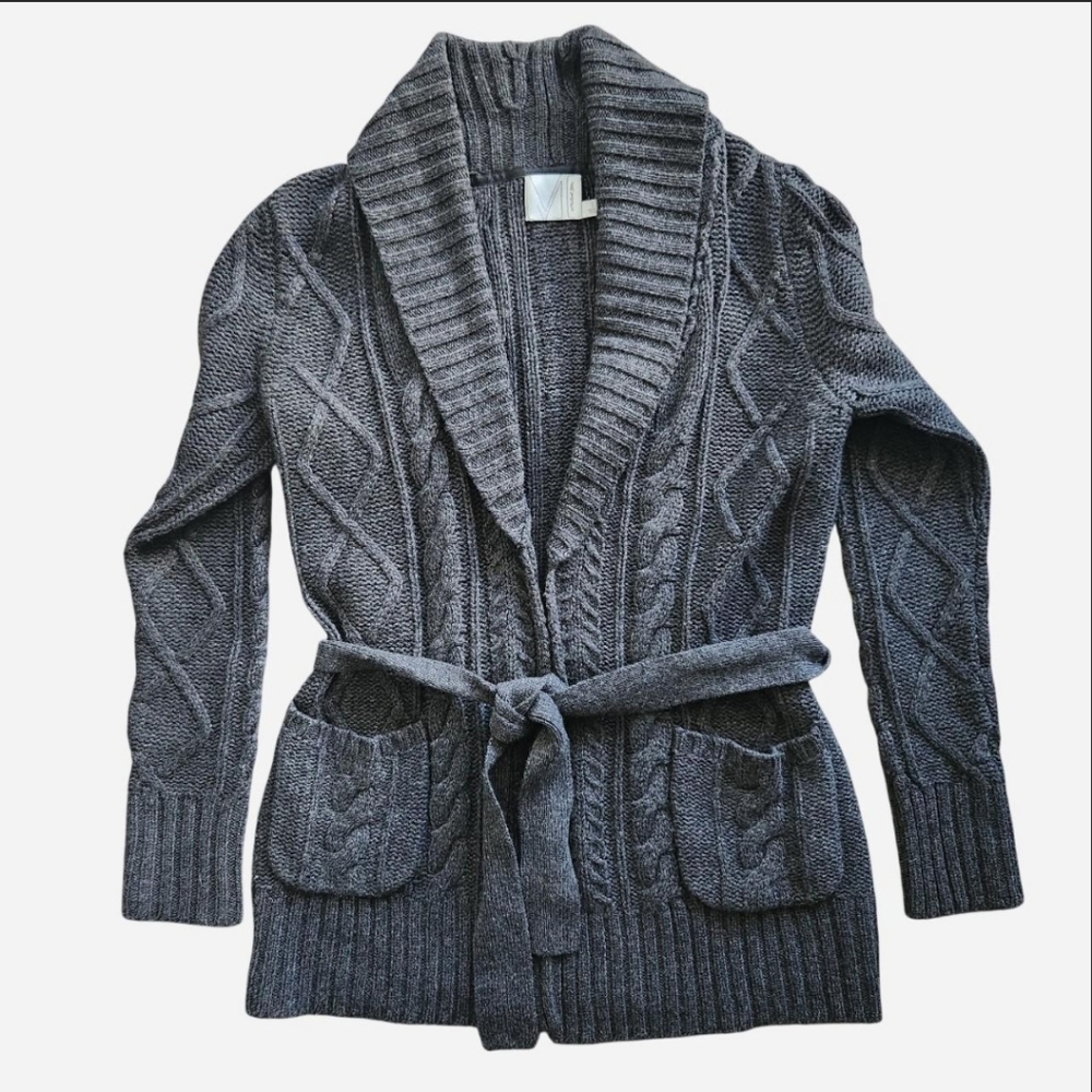 Michael Stars Grey Wool Cable Knit Open Cardigan With Waist Tie Belt Size 1